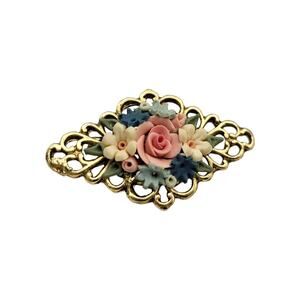 Vintage Gold Filigree Porcelain Flower Brooch